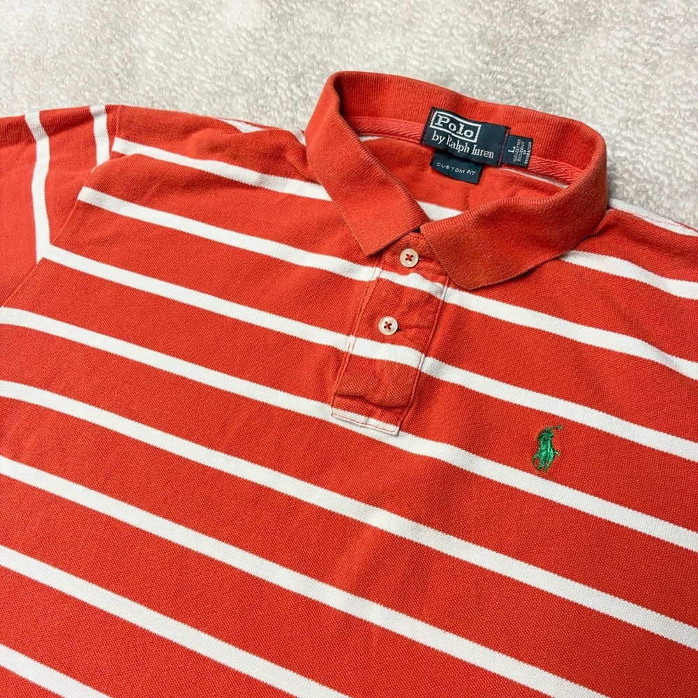 Vintage Polo Ralph Lauren Polo Shirt Orange Striped Pony Custom Fit Mens Large